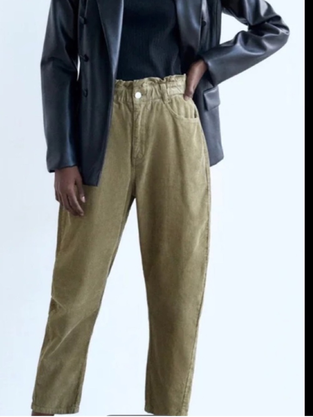Zara Corduroy Pants Paper Bag Elastic Stretch Waist Olive Size 2